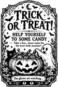 Trick or treat candy sign design with a black cat, ghost and pumpkin candy bowl