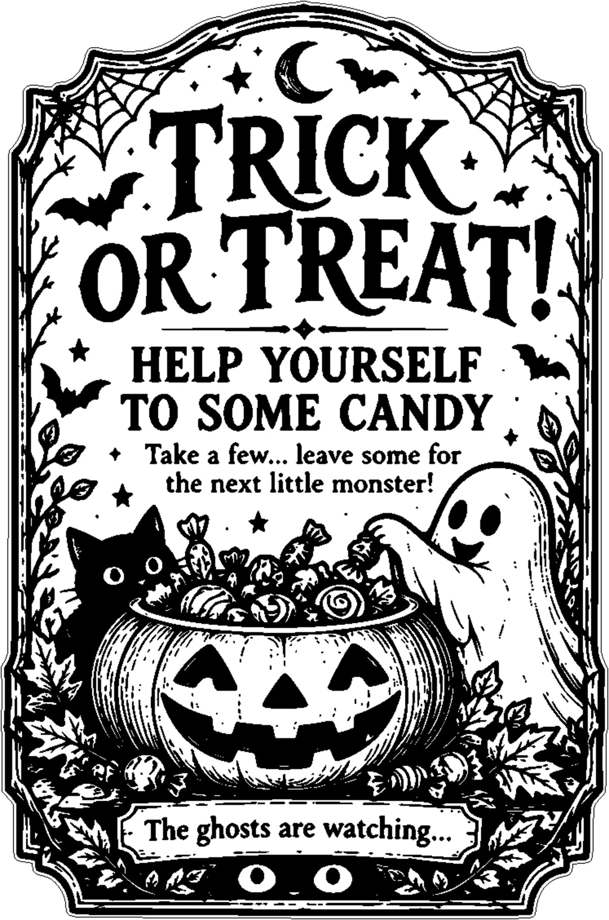 Trick or treat candy sign design with a black cat, ghost and pumpkin candy bowl