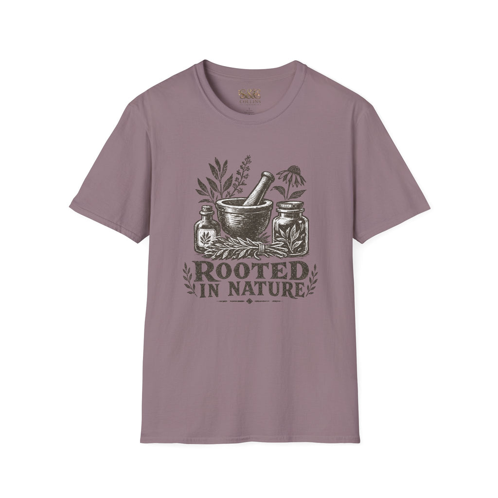 Herbalist T-Shirt — "Rooted in Nature" Botanical Mortar & Pestle Tee