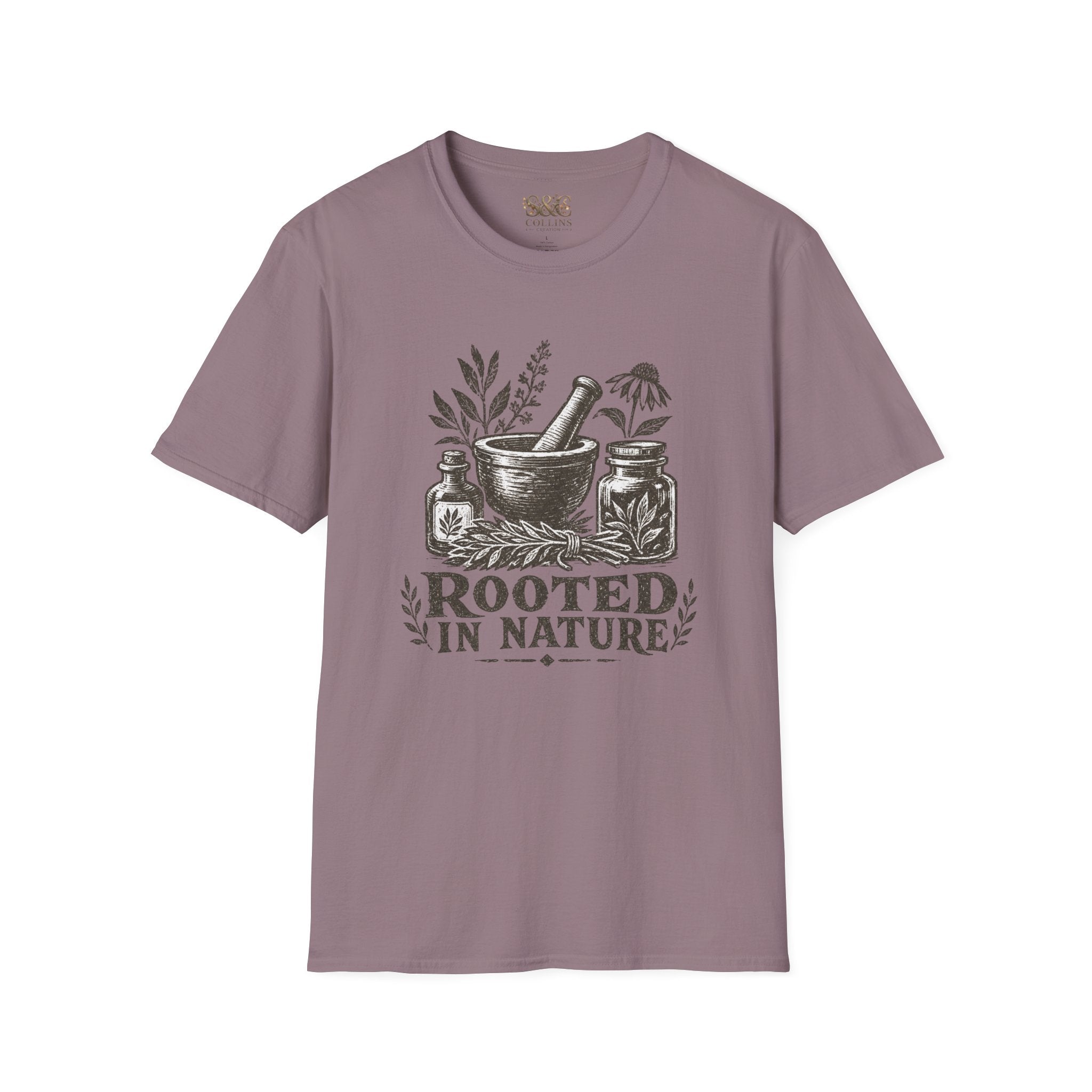 Herbalist T-Shirt — "Rooted in Nature" Botanical Mortar & Pestle Tee