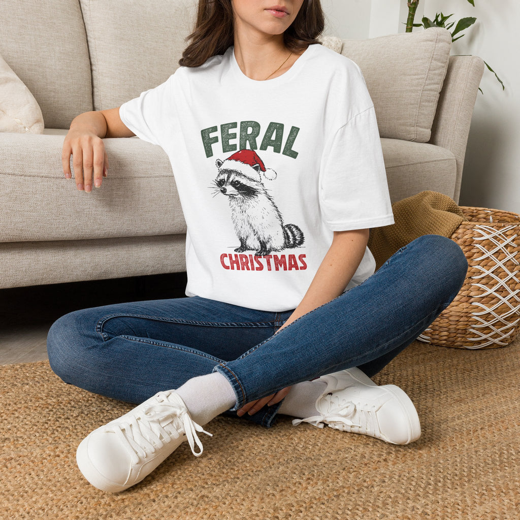 Feral Christmas T-Shirt — Raccoon in Santa Hat Holiday Tee