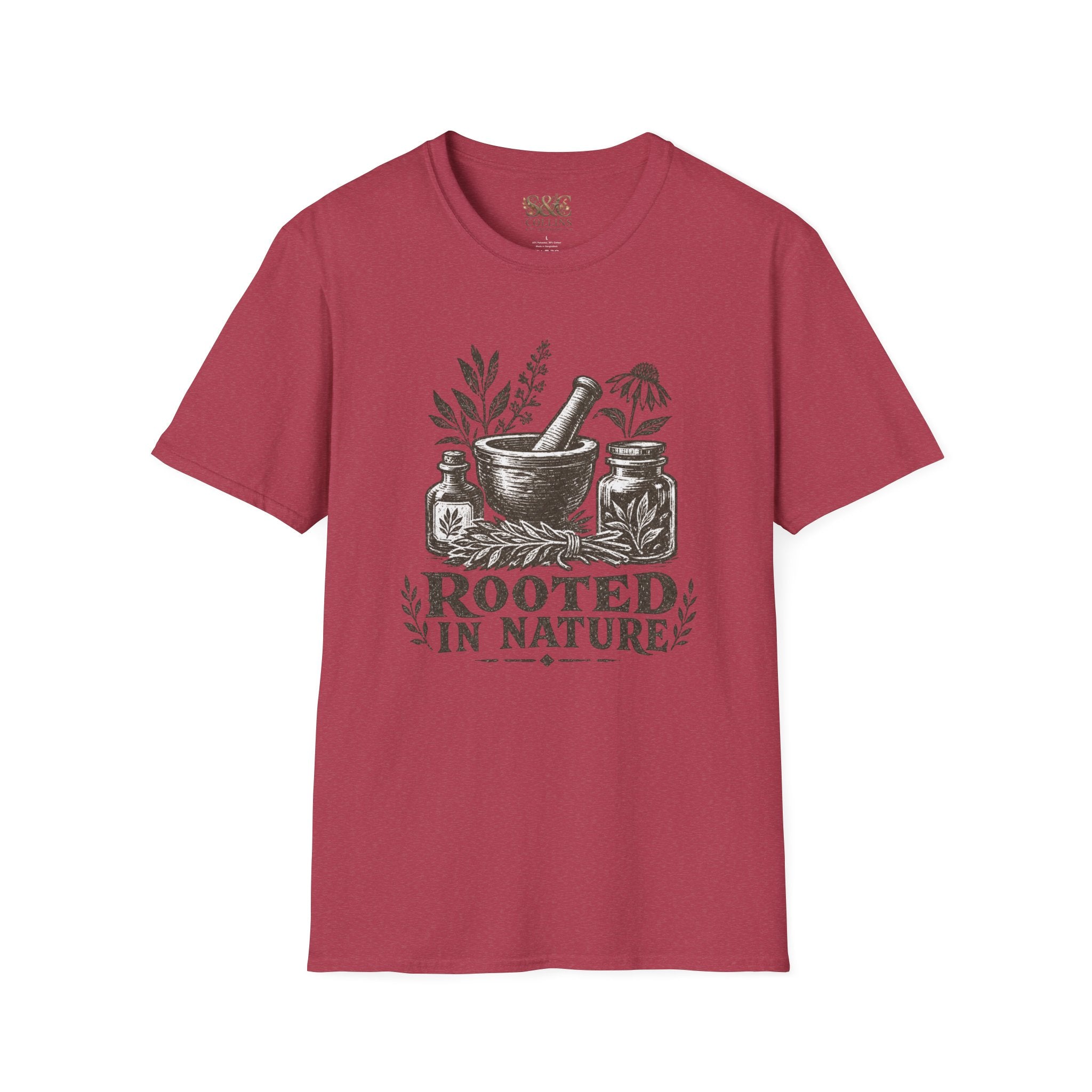Herbalist T-Shirt — "Rooted in Nature" Botanical Mortar & Pestle Tee