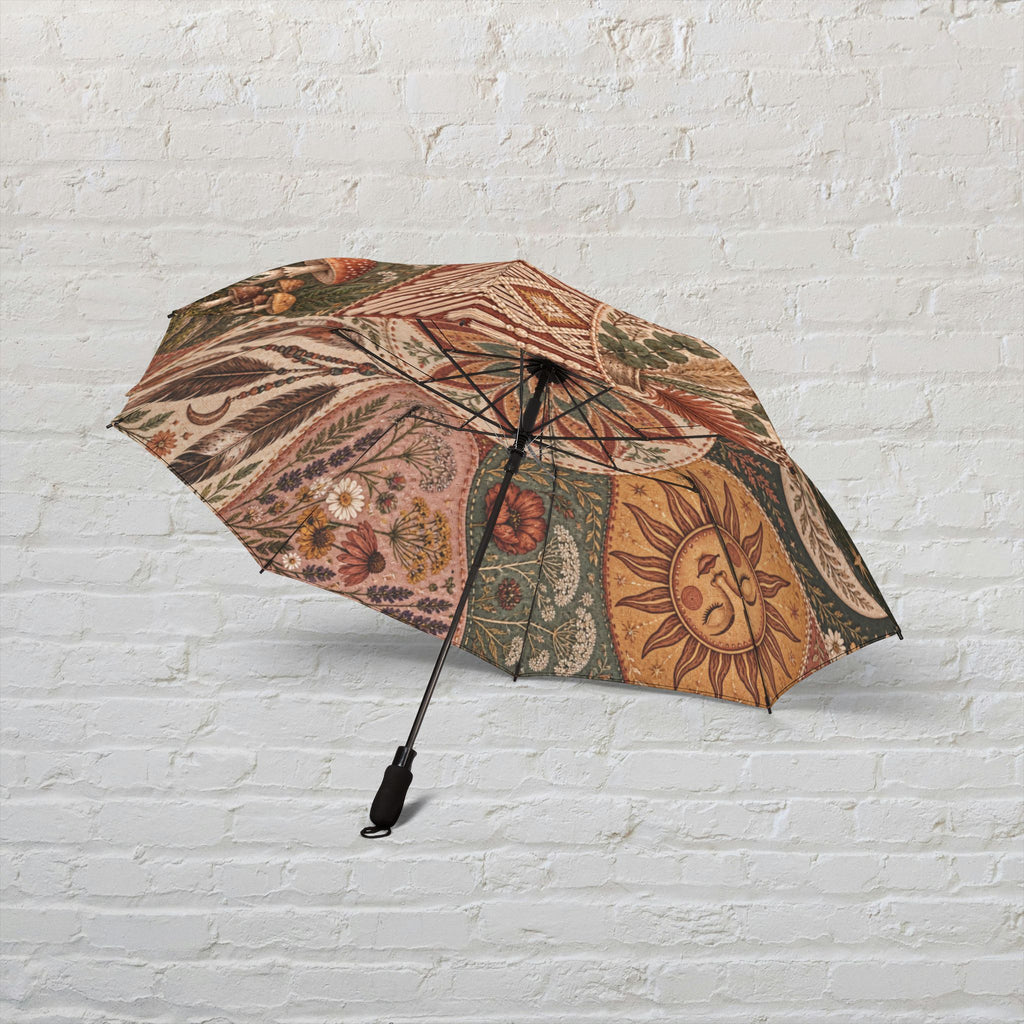 Boho Faux-Embroidery Printed Foldable Umbrella With Waterproof Canopy Semi Automatic