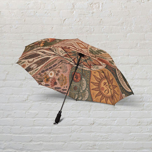 Boho Faux-Embroidery Printed Foldable Umbrella With Waterproof Canopy Semi Automatic