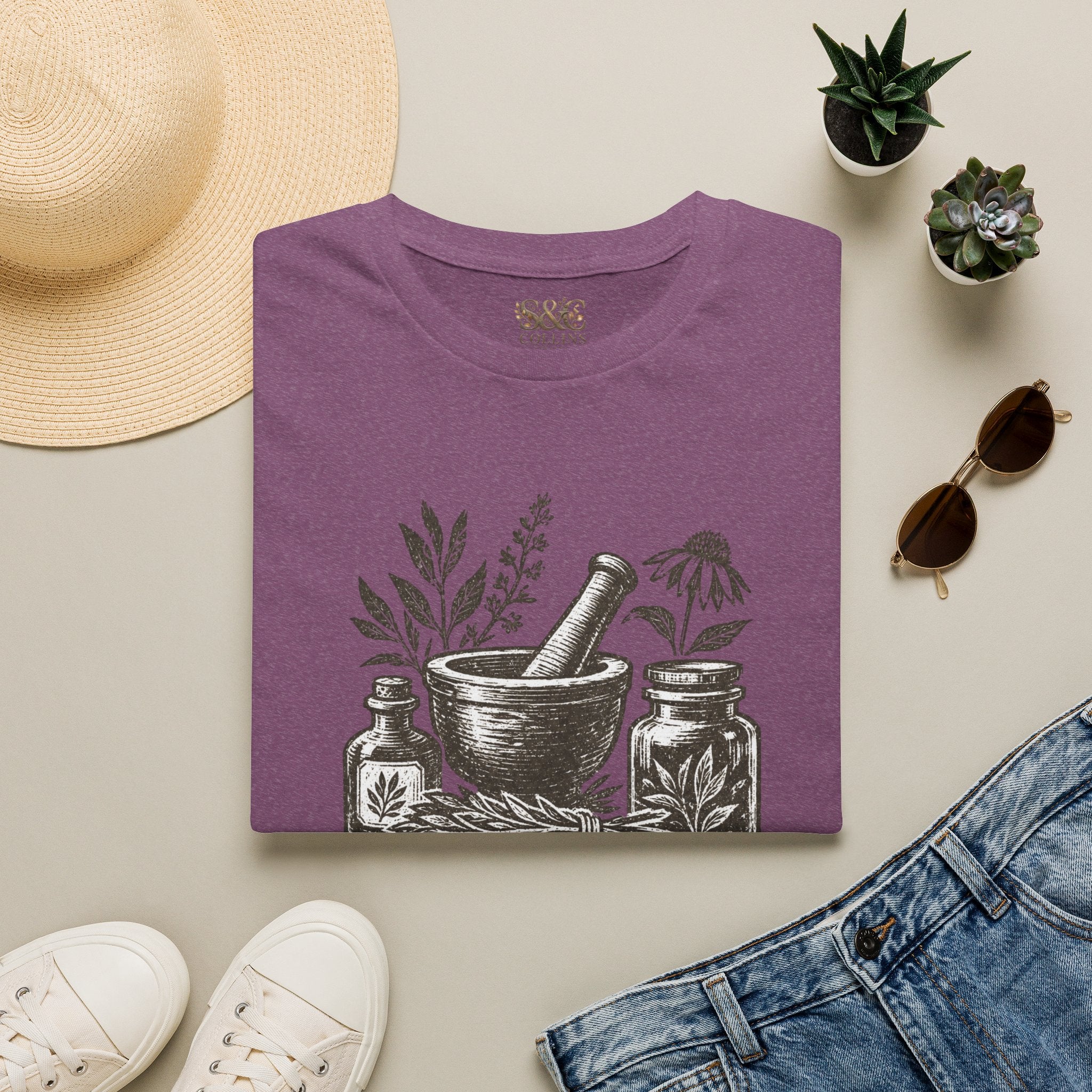 Herbalist T-Shirt — "Rooted in Nature" Botanical Mortar & Pestle Tee