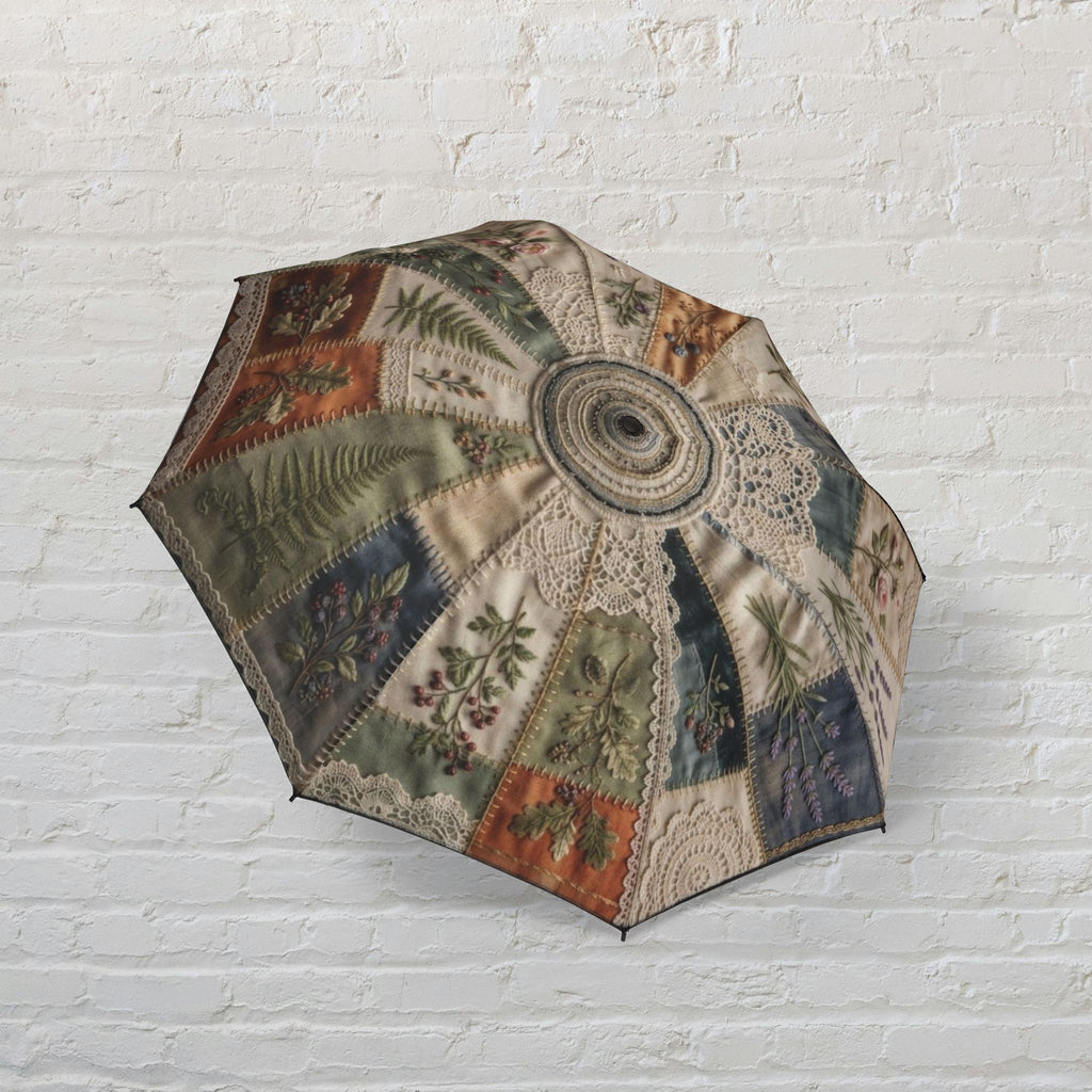 Vintage Faux-Embroidery Automatic Foldable Umbrella Waterproof Polyester Pongee Printed Design