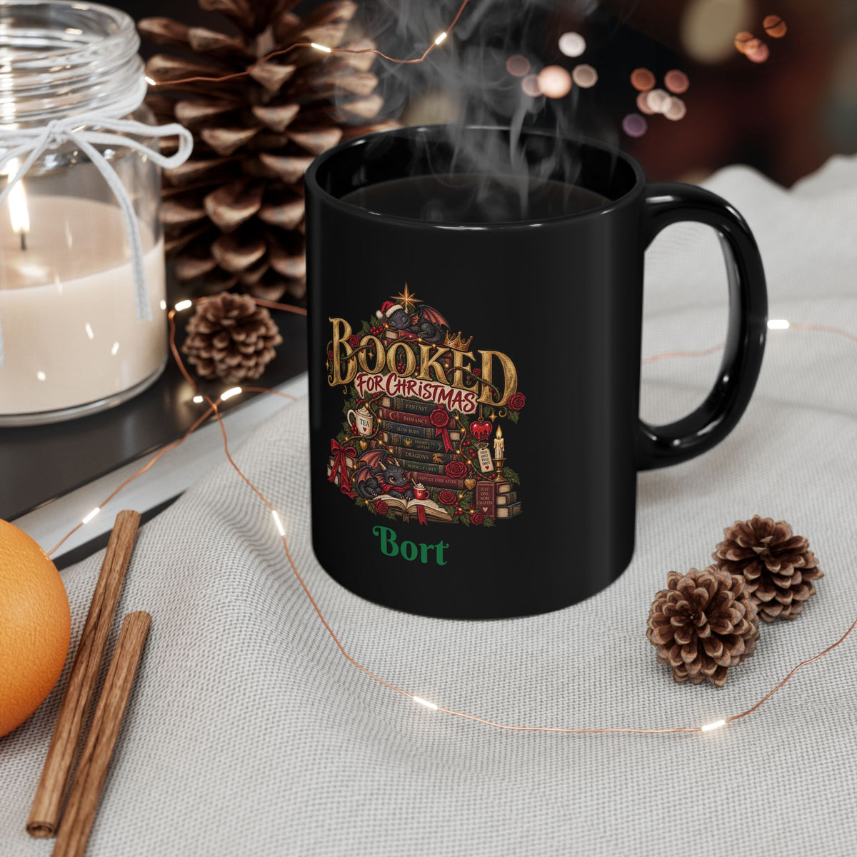 Christmas Book Lover Mug — "Booked for Christmas" Black Coffee Cup (11oz & 15oz)