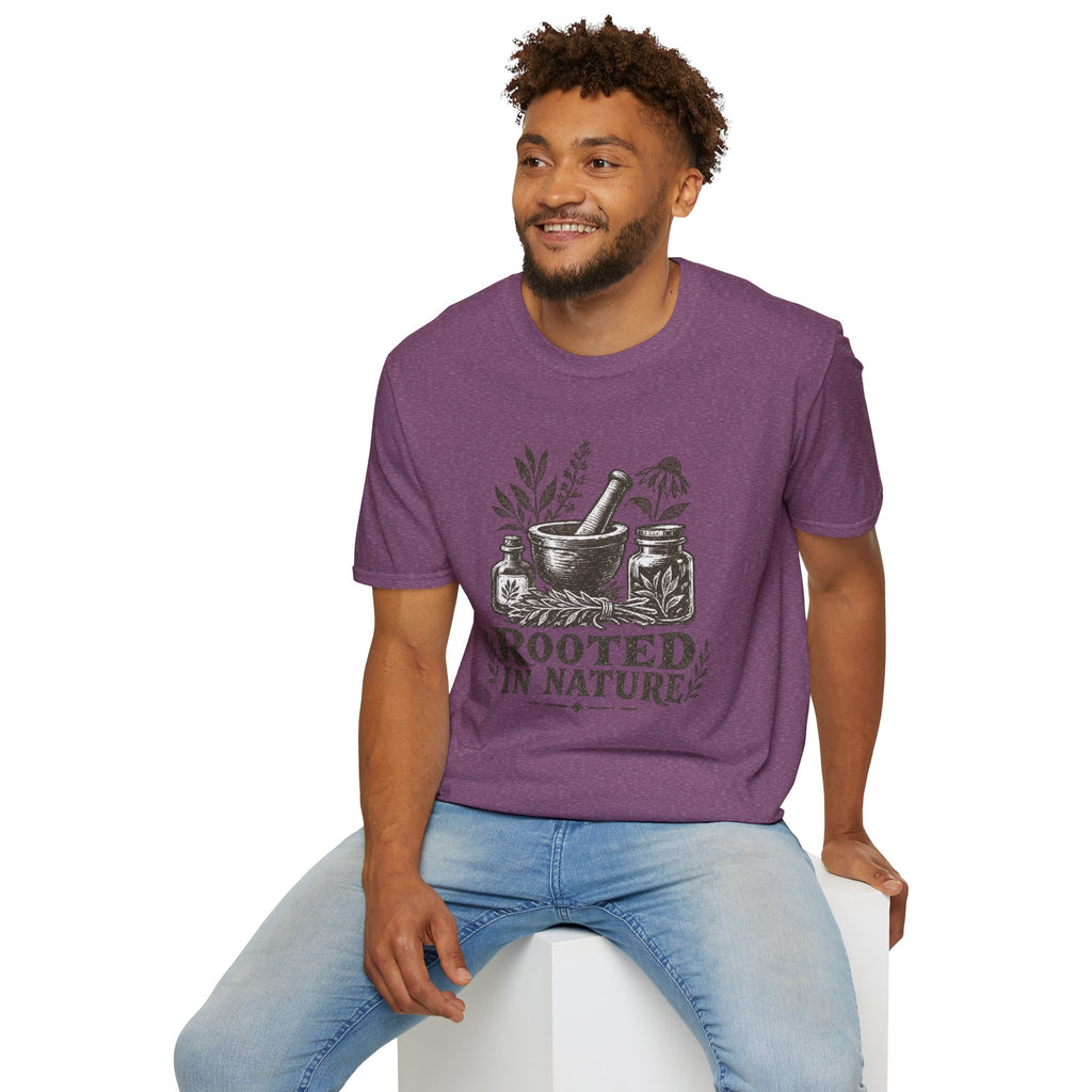 Herbalist T-Shirt — "Rooted in Nature" Botanical Mortar & Pestle Tee