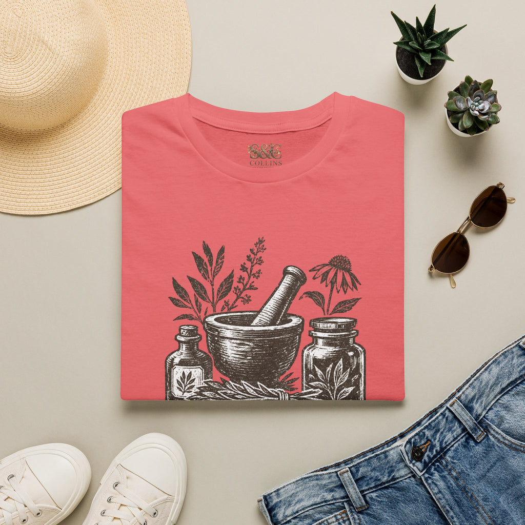 Herbalist T-Shirt — "Rooted in Nature" Botanical Mortar & Pestle Tee