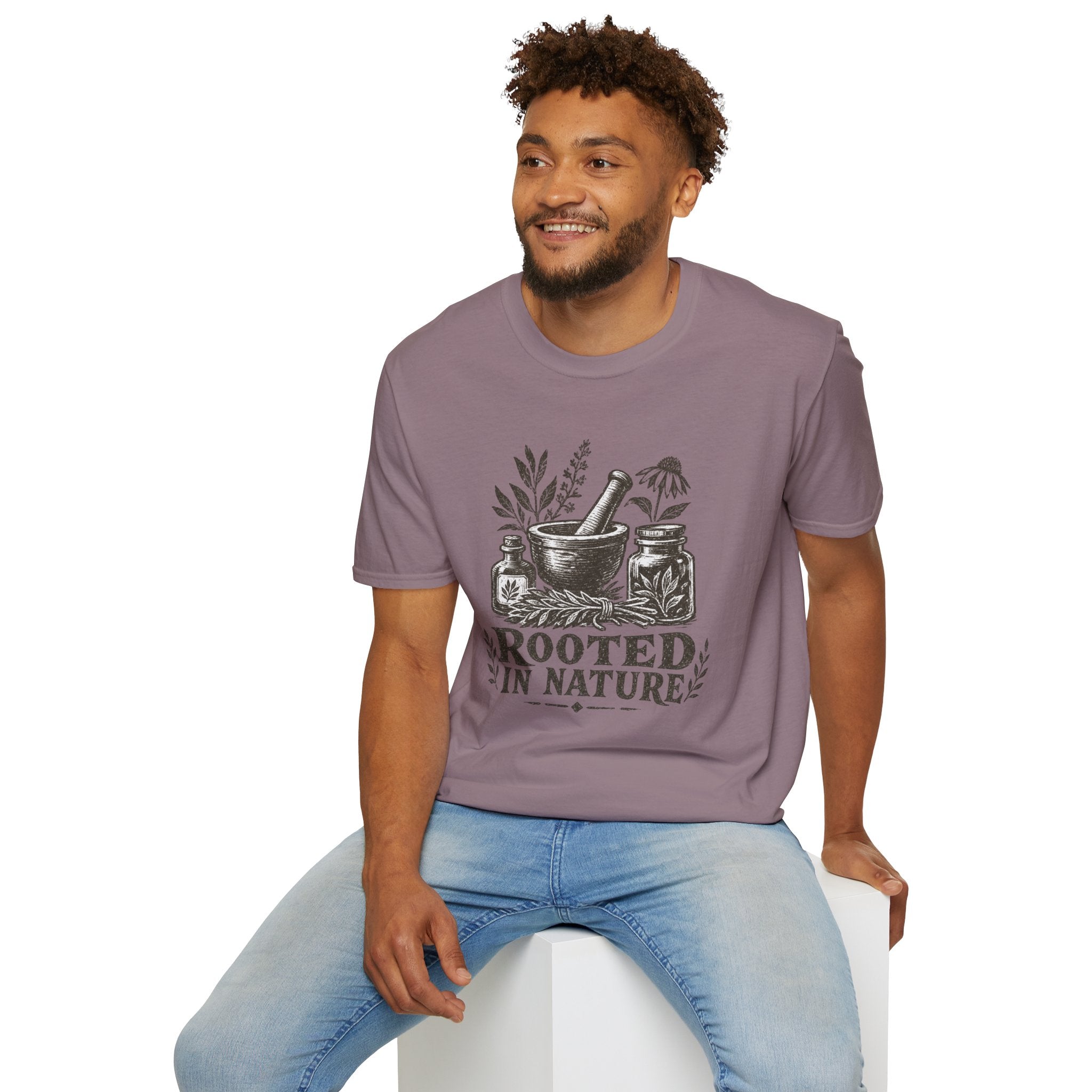 Herbalist T-Shirt — "Rooted in Nature" Botanical Mortar & Pestle Tee