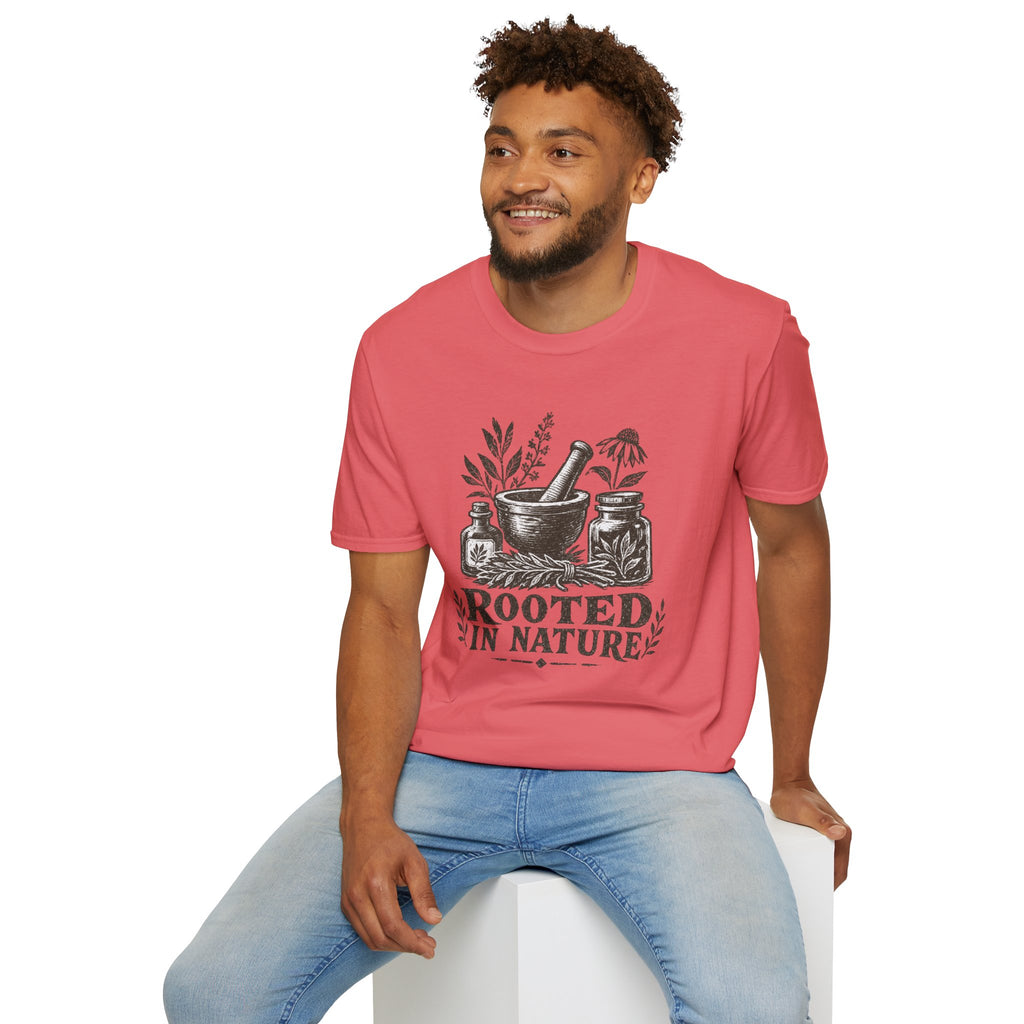 Herbalist T-Shirt — "Rooted in Nature" Botanical Mortar & Pestle Tee