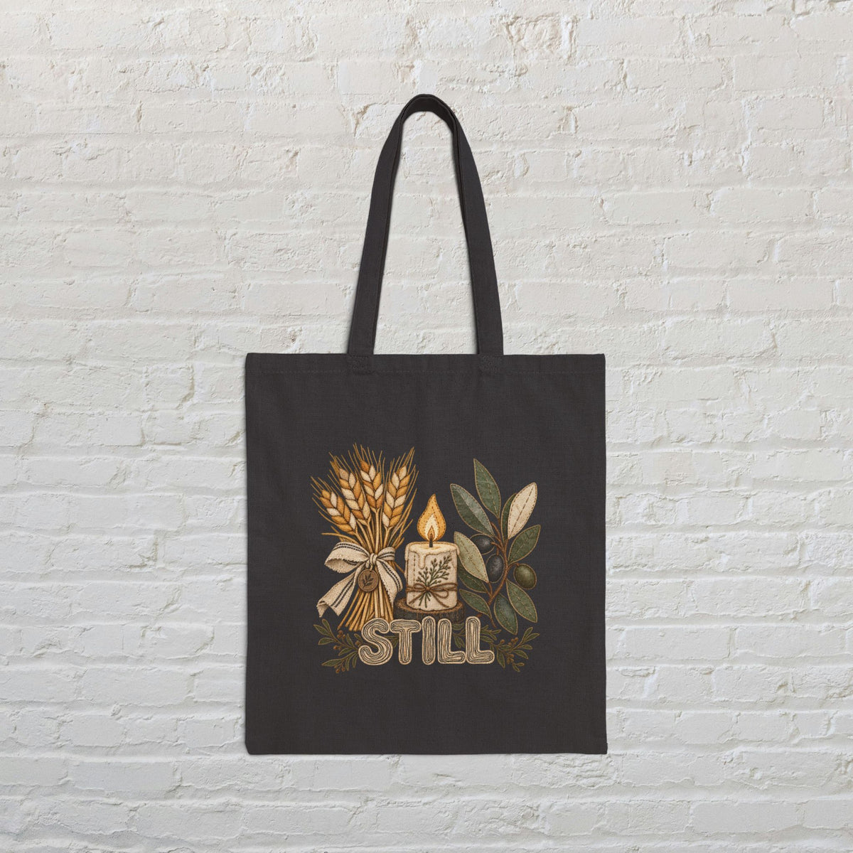 Canvas Tote Bag — Cozy Autumn Candle & Wheat Floral Design (Still)