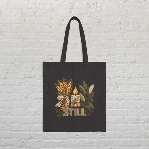 Canvas Tote Bag — Cozy Autumn Candle & Wheat Floral Design (Still)