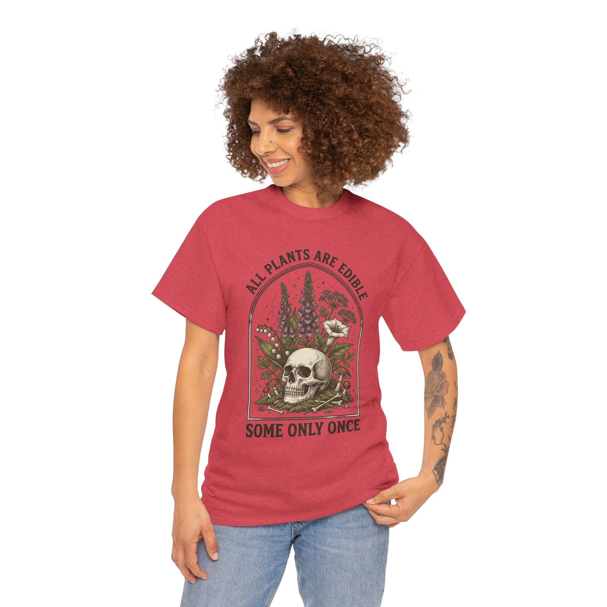 Skull & Botanicals Tee — "All Plants Are Edible, Some Only Once" Graphic T-Shirt