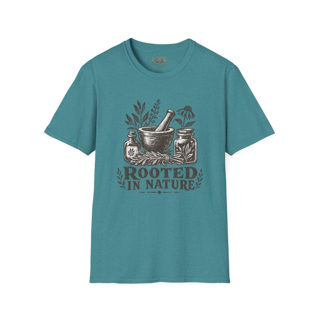 Herbalist T-Shirt — "Rooted in Nature" Botanical Mortar & Pestle Tee