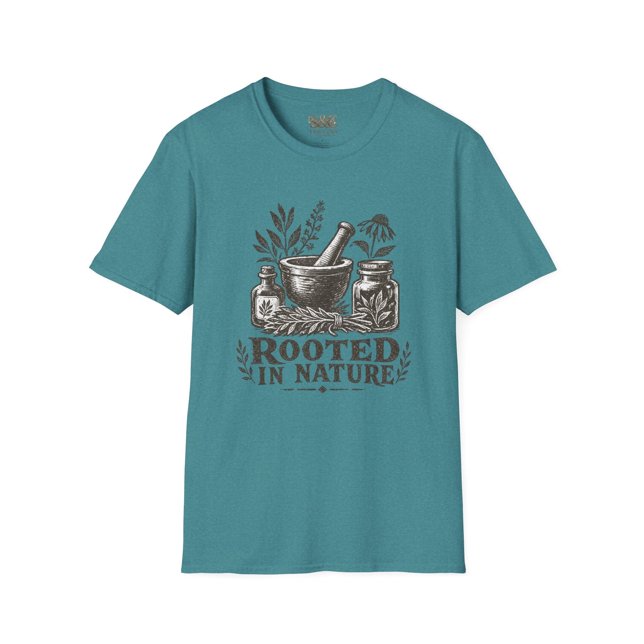 Herbalist T-Shirt — "Rooted in Nature" Botanical Mortar & Pestle Tee