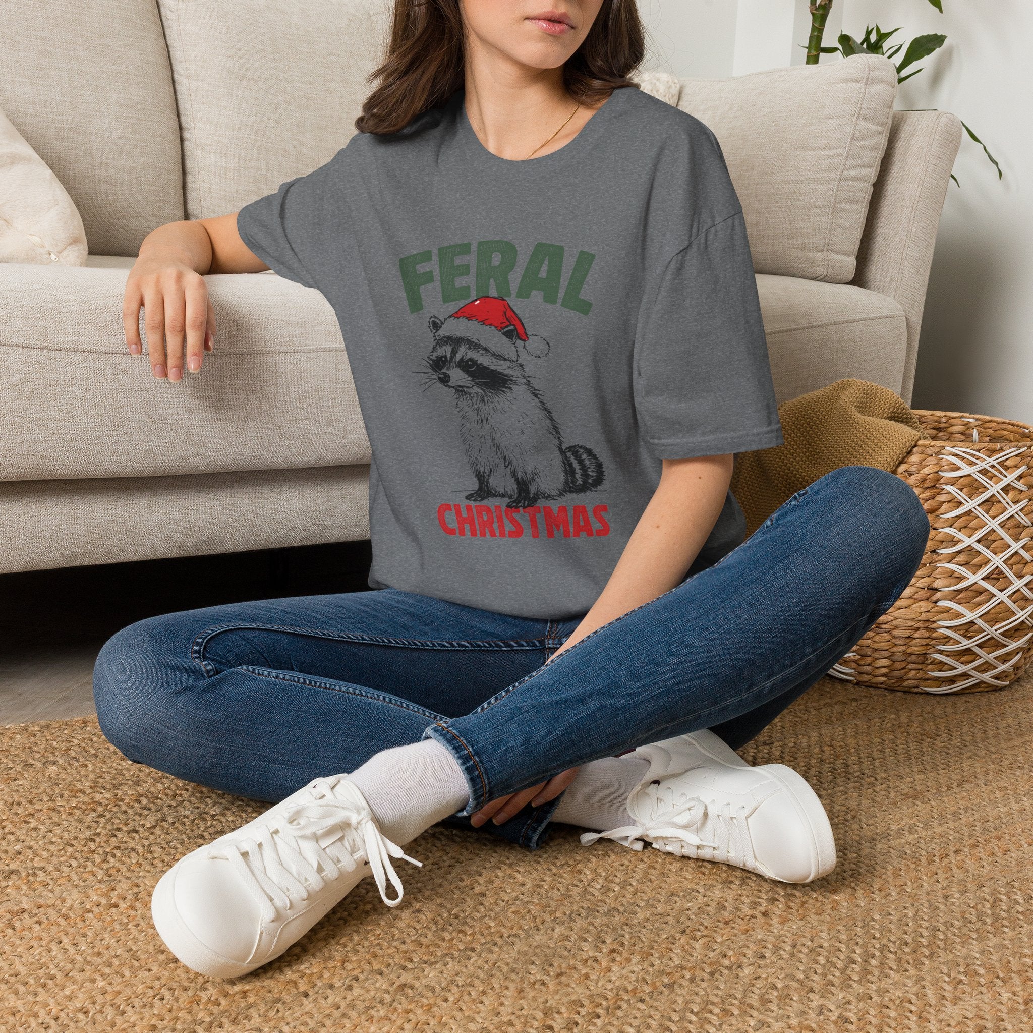Feral Christmas T-Shirt — Raccoon in Santa Hat Holiday Tee