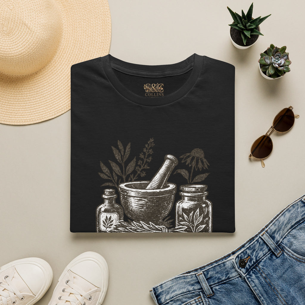 Herbalist T-Shirt — "Rooted in Nature" Botanical Mortar & Pestle Tee