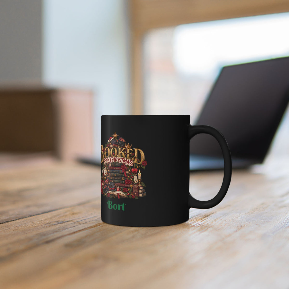 Christmas Book Lover Mug — "Booked for Christmas" Black Coffee Cup (11oz & 15oz)
