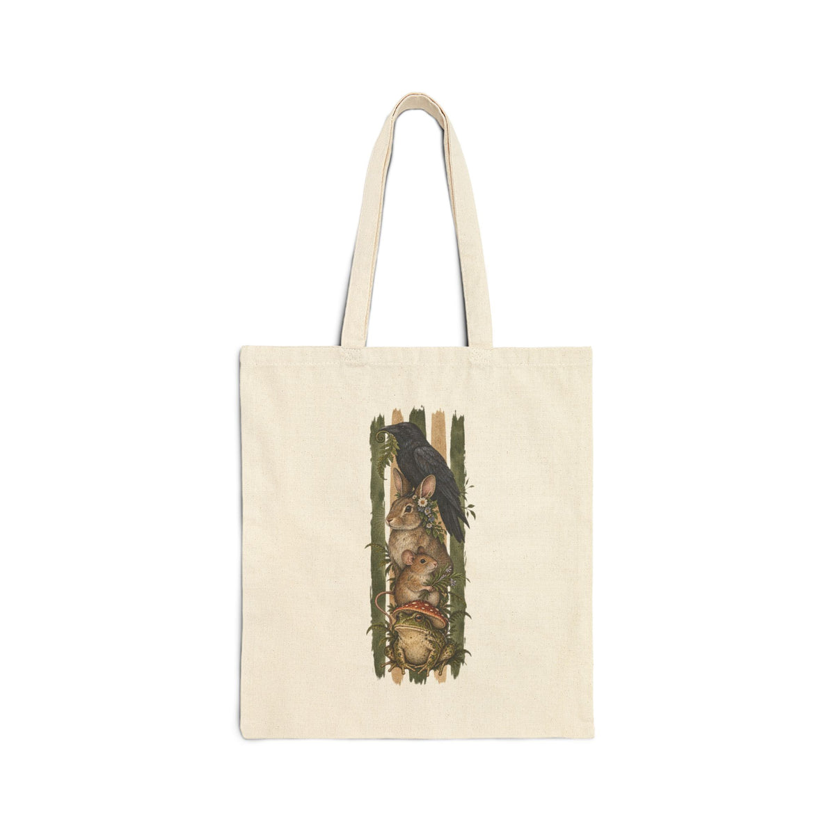 Woodland Animals Canvas Tote — Vintage Forest Raven, Rabit, Mouse & Frog Cotton Bag
