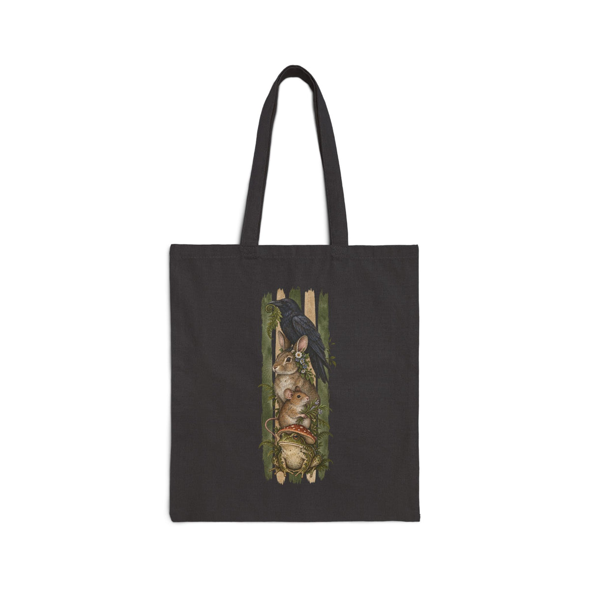 Woodland Animals Canvas Tote — Vintage Forest Raven, Rabit, Mouse & Frog Cotton Bag