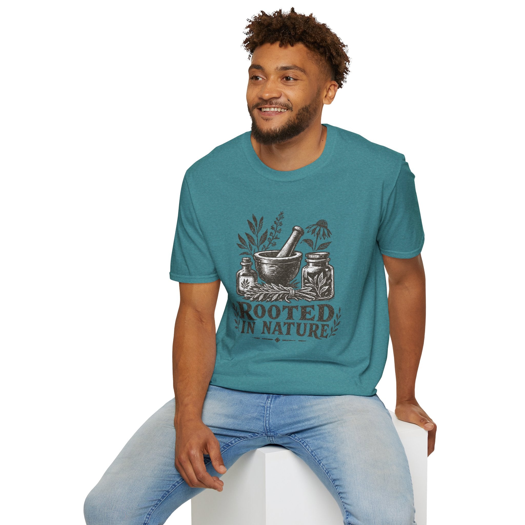 Herbalist T-Shirt — "Rooted in Nature" Botanical Mortar & Pestle Tee