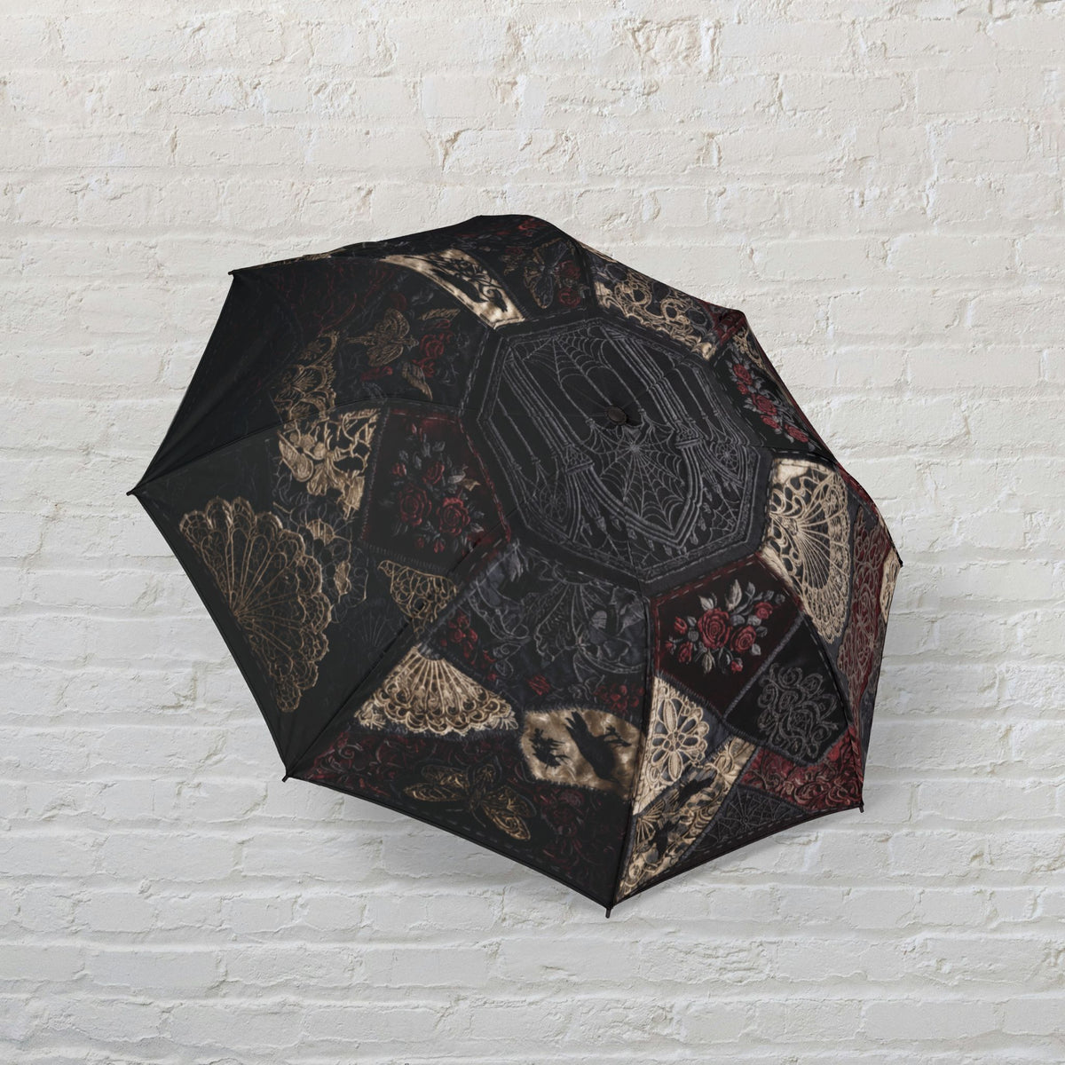Gothic Faux-Embroidery Semi Automatic Foldable Umbrella Waterproof Polyester Pongee With 8 Ribs