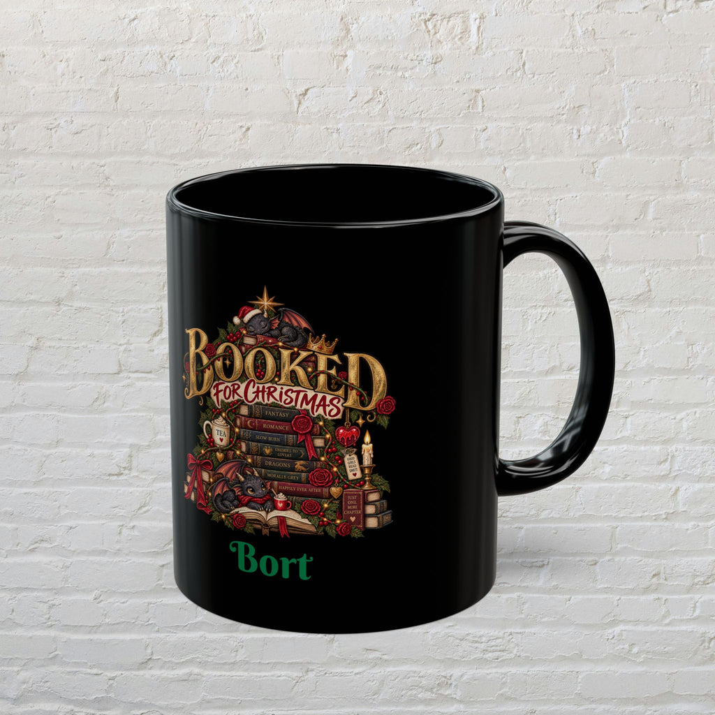Christmas Book Lover Mug — "Booked for Christmas" Black Coffee Cup (11oz & 15oz)