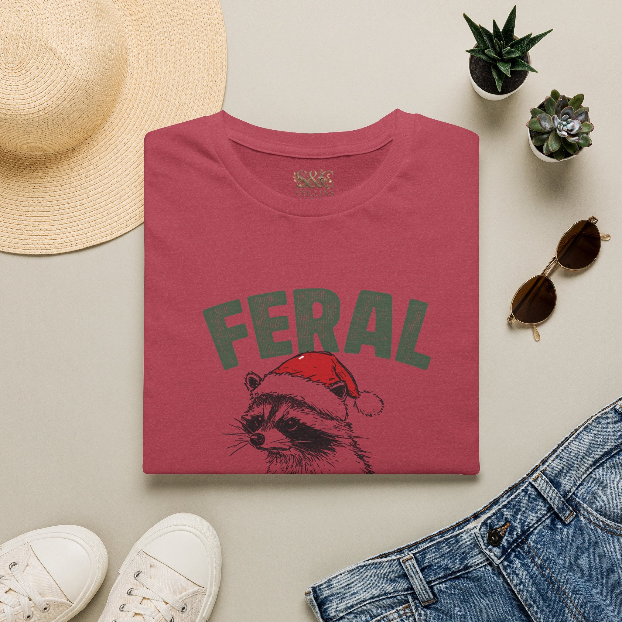 Feral Christmas T-Shirt — Raccoon in Santa Hat Holiday Tee