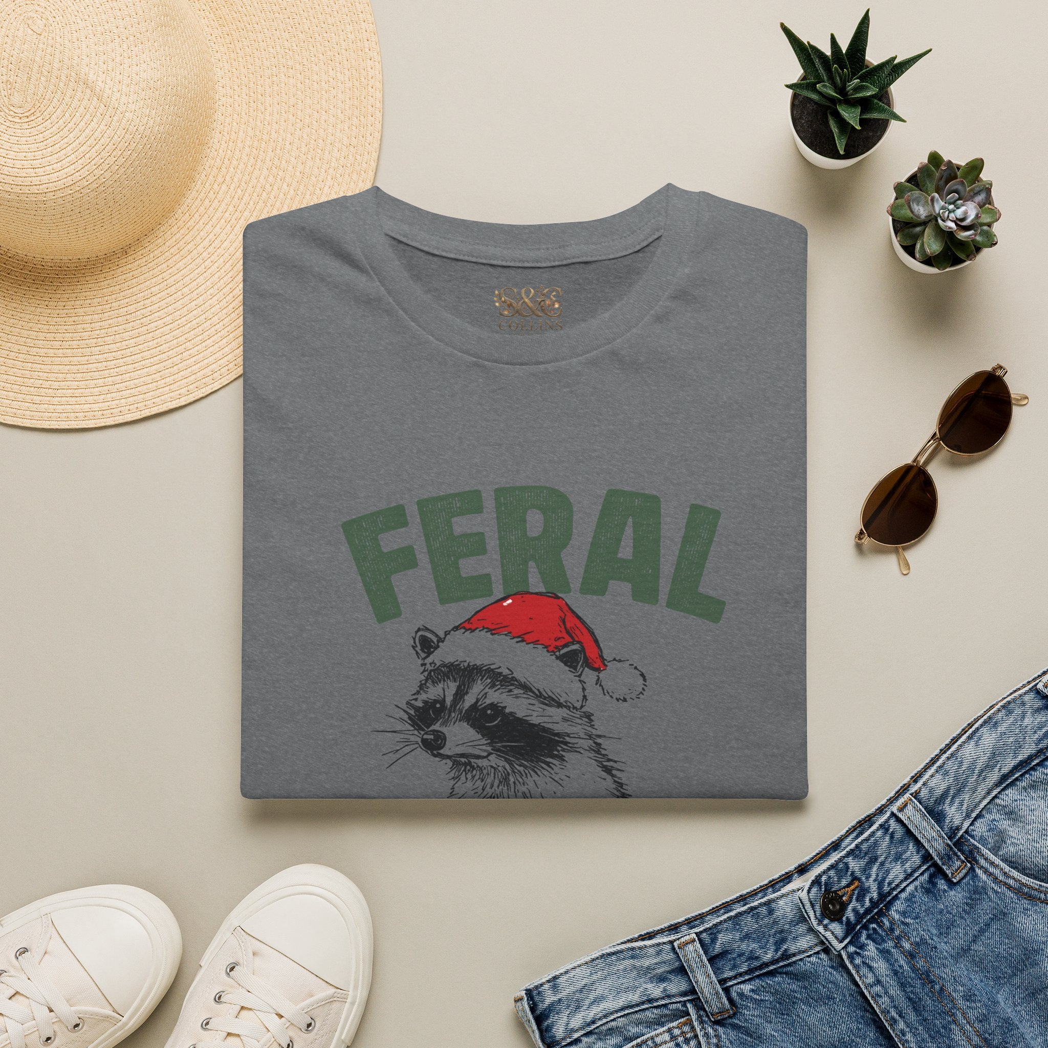 Feral Christmas T-Shirt — Raccoon in Santa Hat Holiday Tee