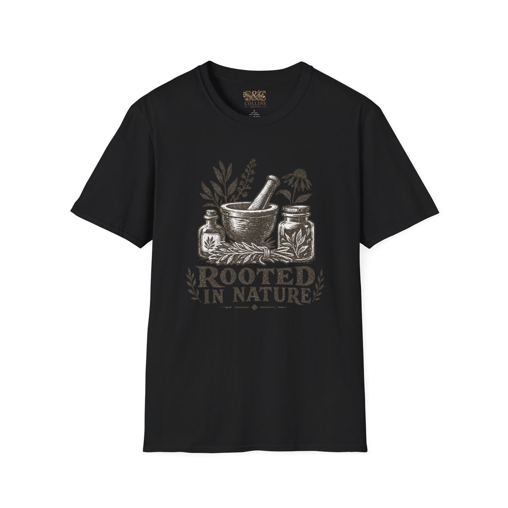 Herbalist T-Shirt — "Rooted in Nature" Botanical Mortar & Pestle Tee