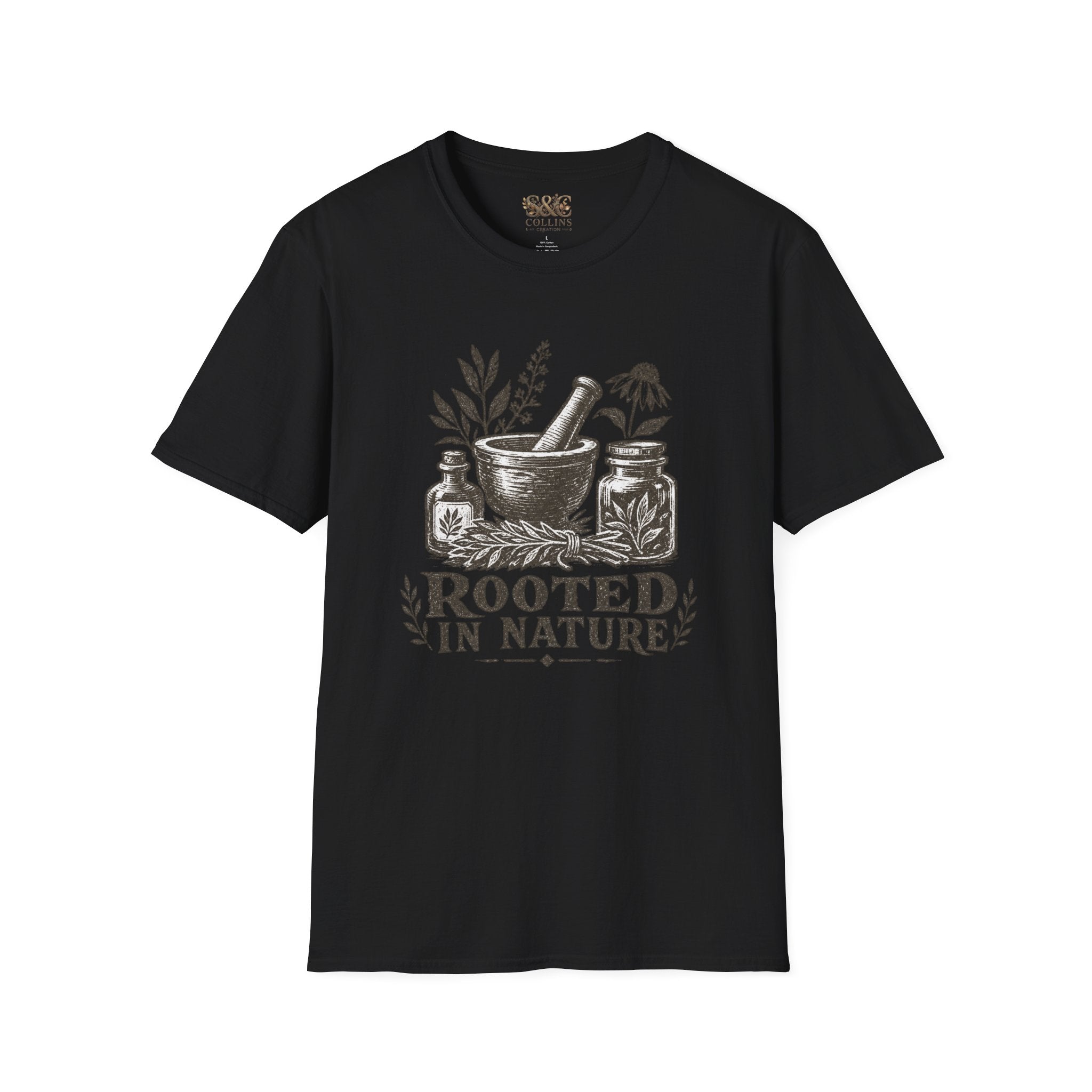 Herbalist T-Shirt — "Rooted in Nature" Botanical Mortar & Pestle Tee
