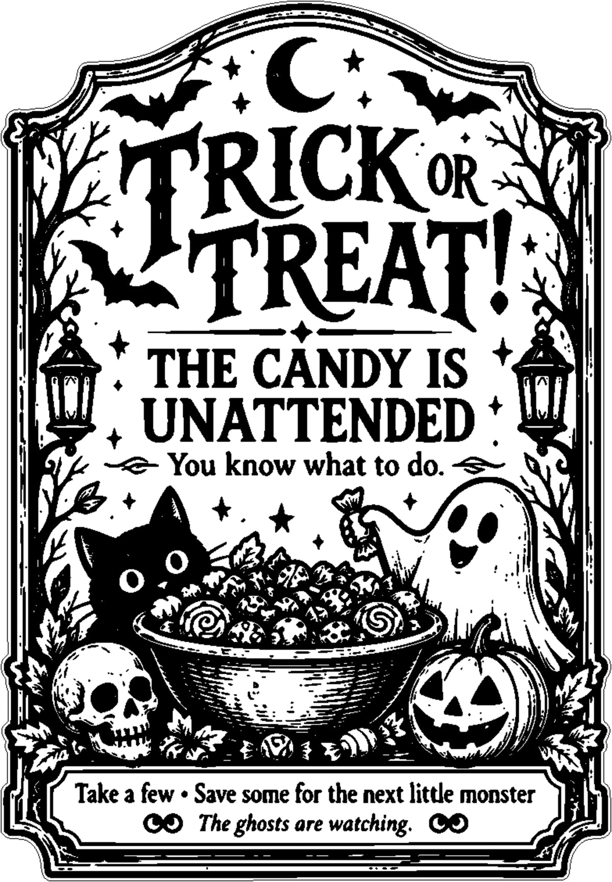 The candy is unattended Halloween candy bowl sign design