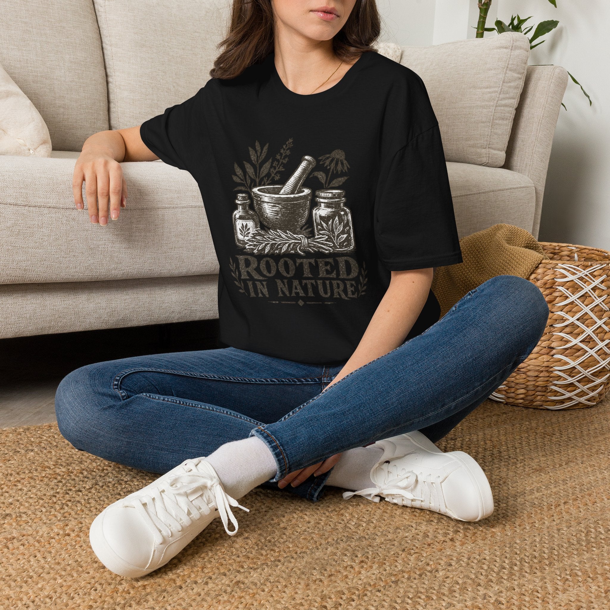 Herbalist T-Shirt — "Rooted in Nature" Botanical Mortar & Pestle Tee