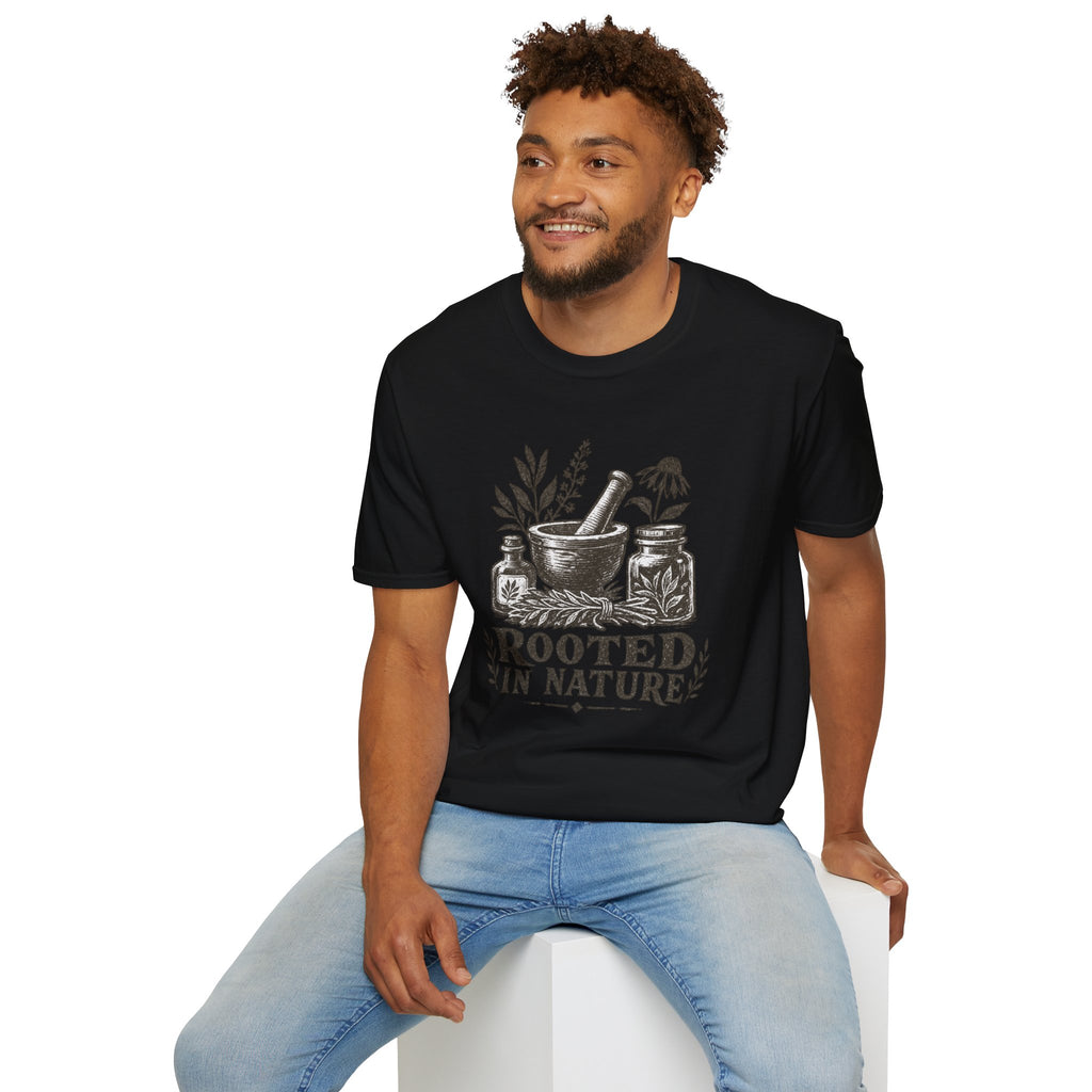 Herbalist T-Shirt — "Rooted in Nature" Botanical Mortar & Pestle Tee