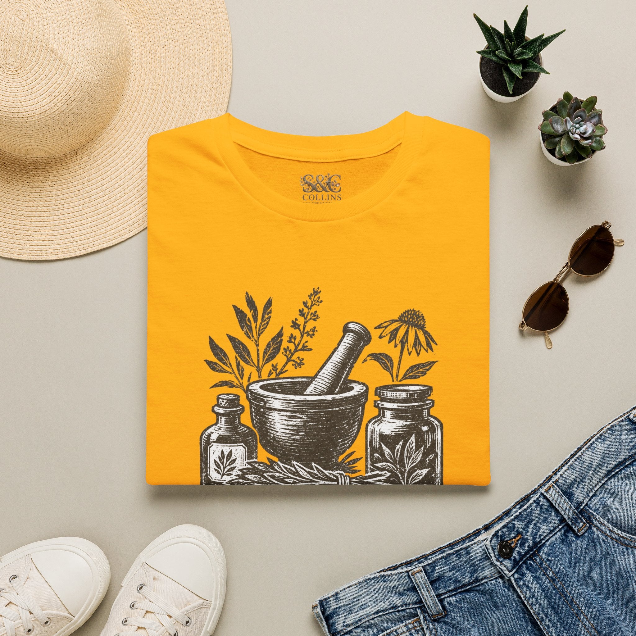Herbalist T-Shirt — "Rooted in Nature" Botanical Mortar & Pestle Tee