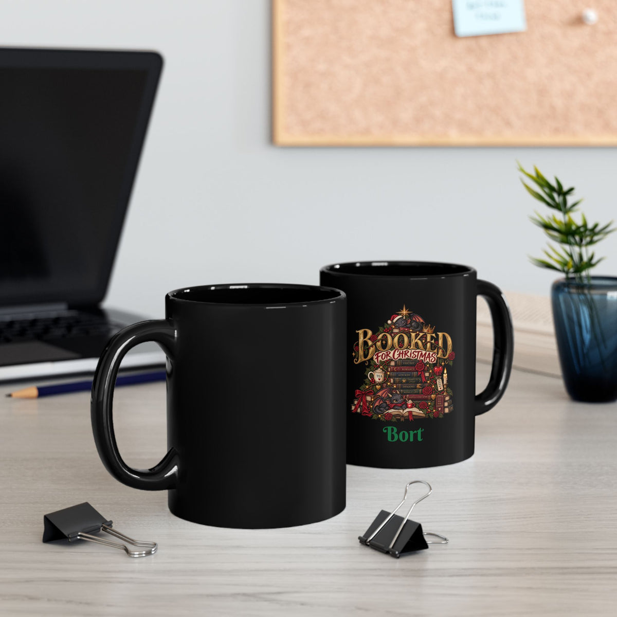 Christmas Book Lover Mug — "Booked for Christmas" Black Coffee Cup (11oz & 15oz)