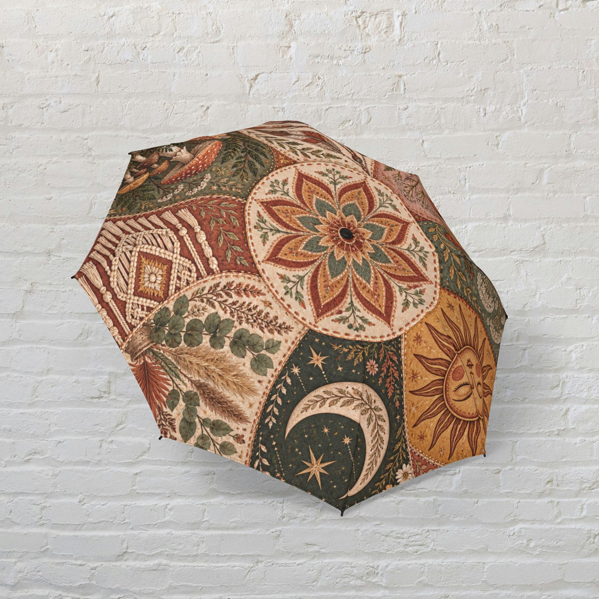 Boho Faux-Embroidery Printed Foldable Umbrella With Waterproof Canopy Semi Automatic