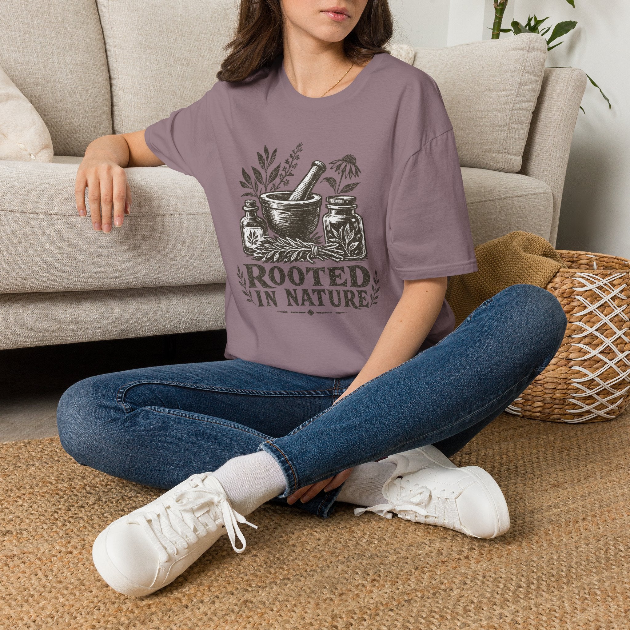 Herbalist T-Shirt — "Rooted in Nature" Botanical Mortar & Pestle Tee