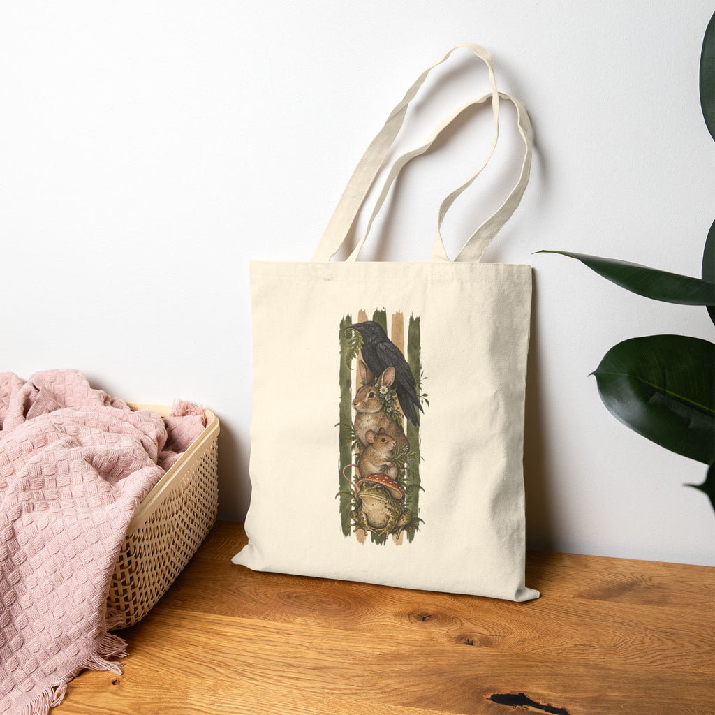 Woodland Animals Canvas Tote — Vintage Forest Raven, Rabit, Mouse & Frog Cotton Bag