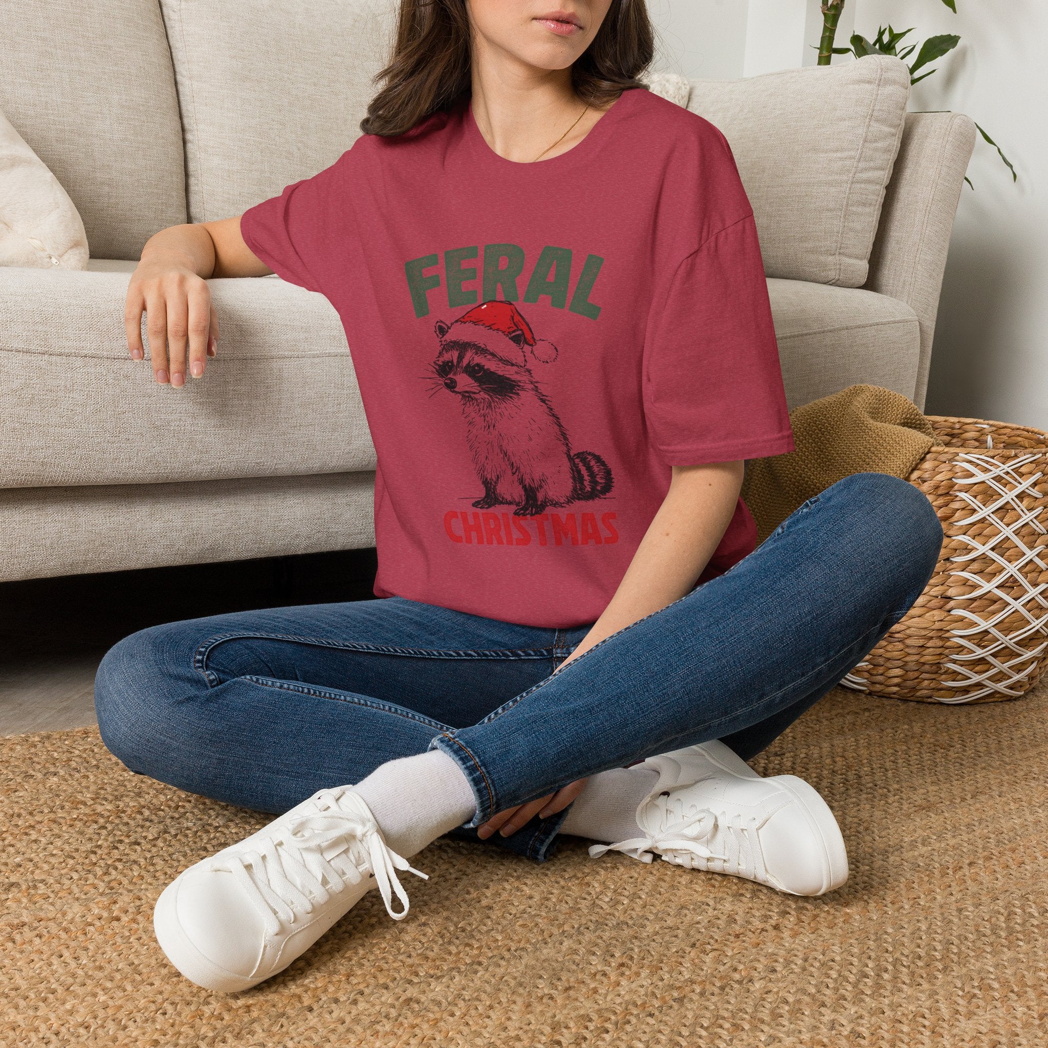 Feral Christmas T-Shirt — Raccoon in Santa Hat Holiday Tee
