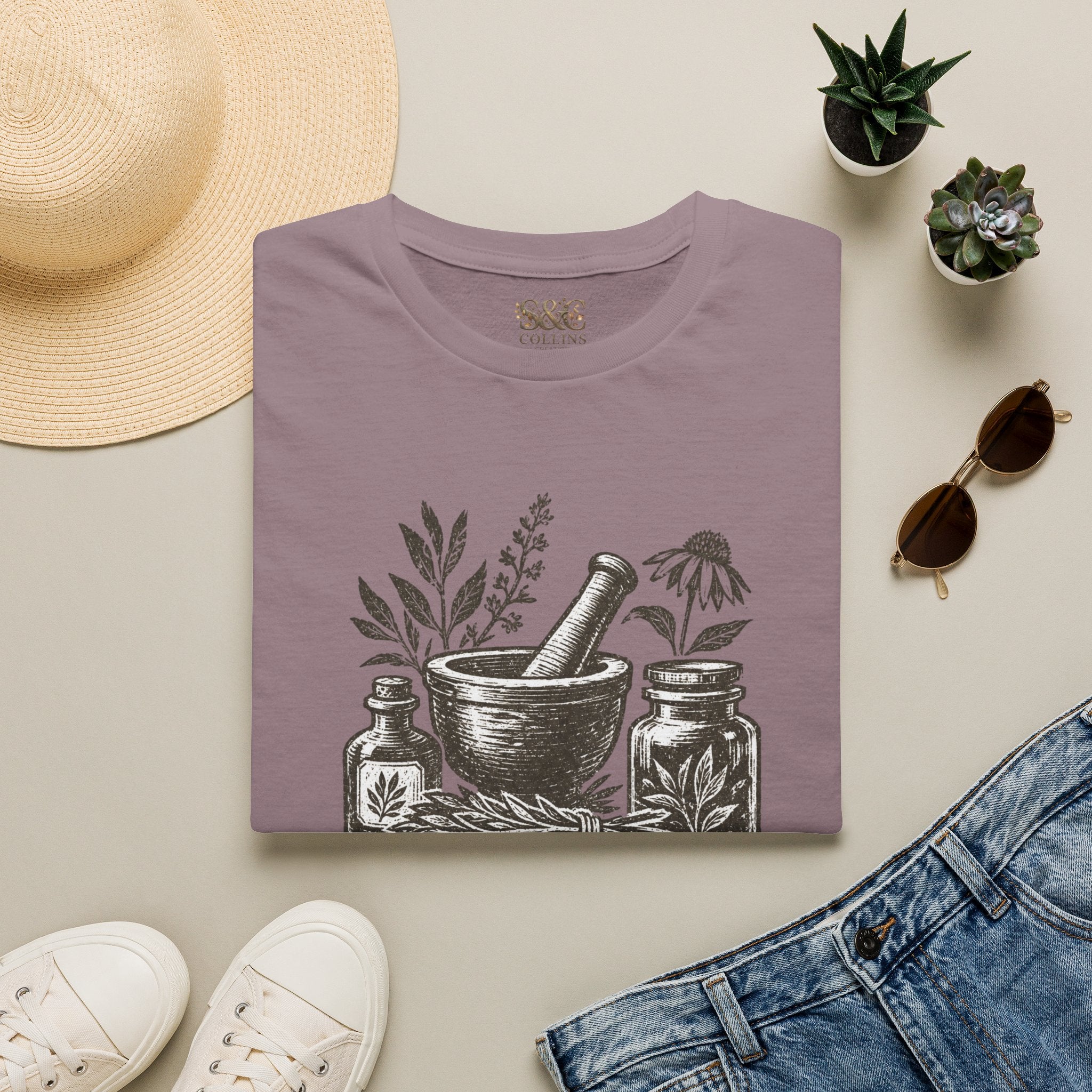Herbalist T-Shirt — "Rooted in Nature" Botanical Mortar & Pestle Tee