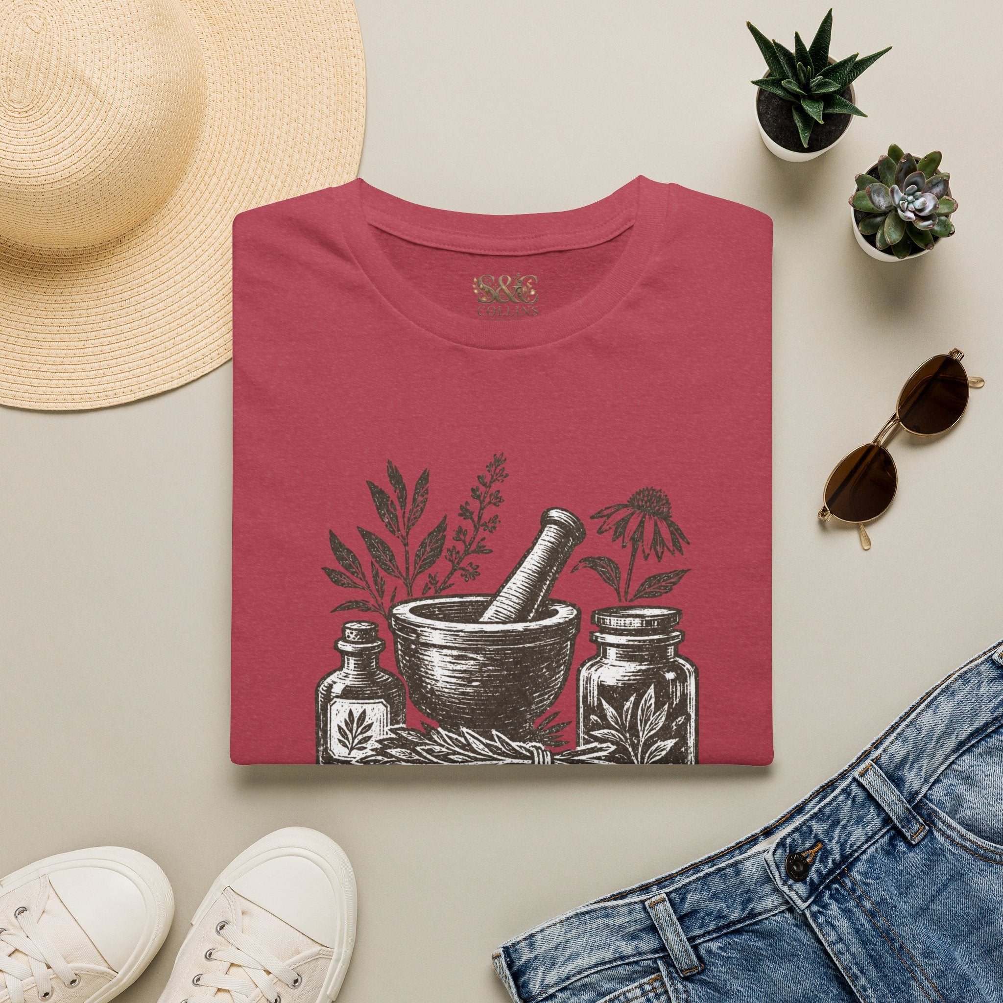 Herbalist T-Shirt — "Rooted in Nature" Botanical Mortar & Pestle Tee