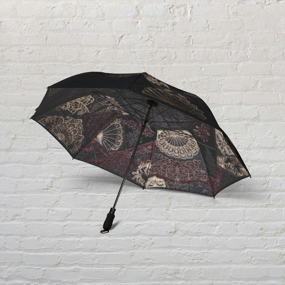 Gothic Faux-Embroidery Semi Automatic Foldable Umbrella Waterproof Polyester Pongee With 8 Ribs