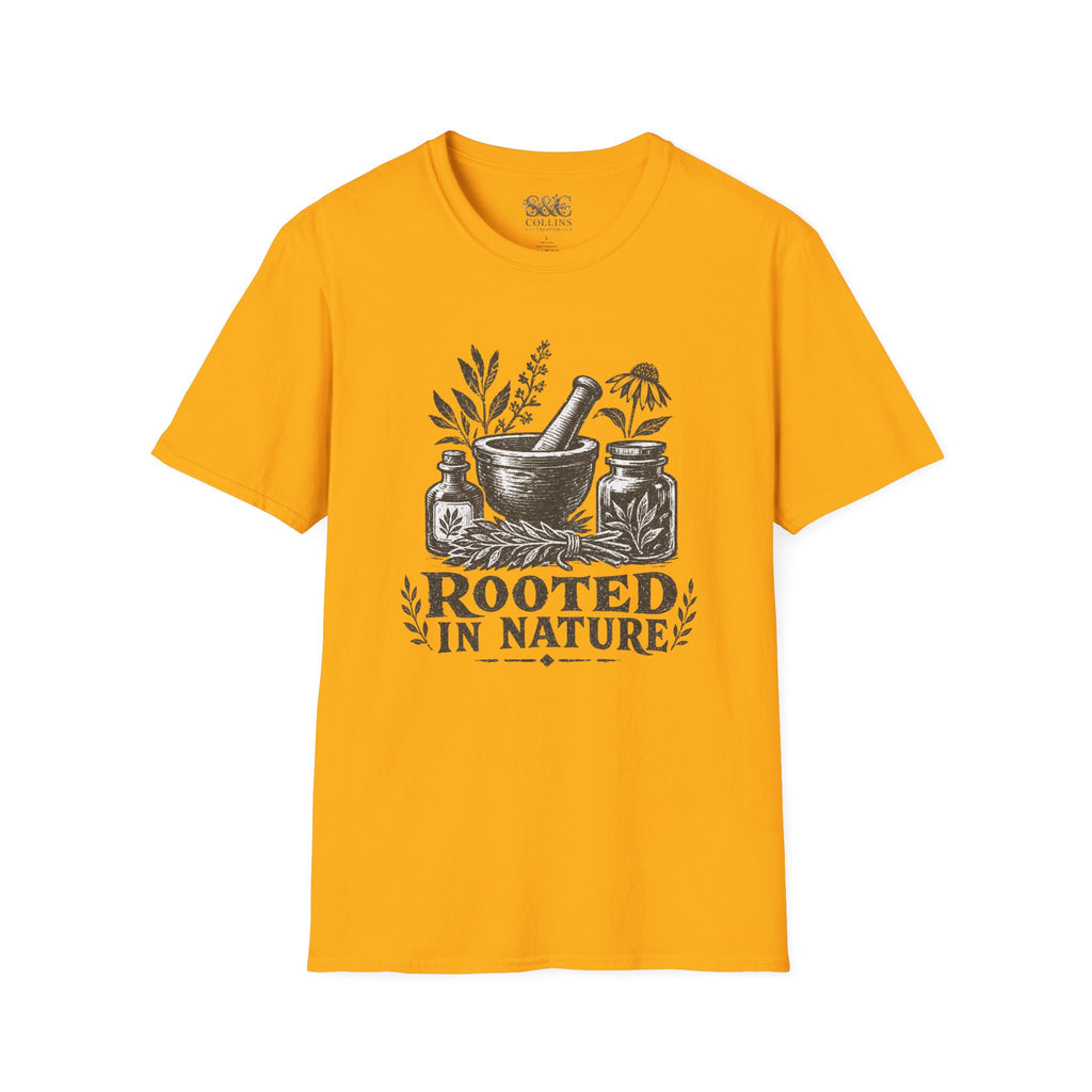 Herbalist T-Shirt — "Rooted in Nature" Botanical Mortar & Pestle Tee