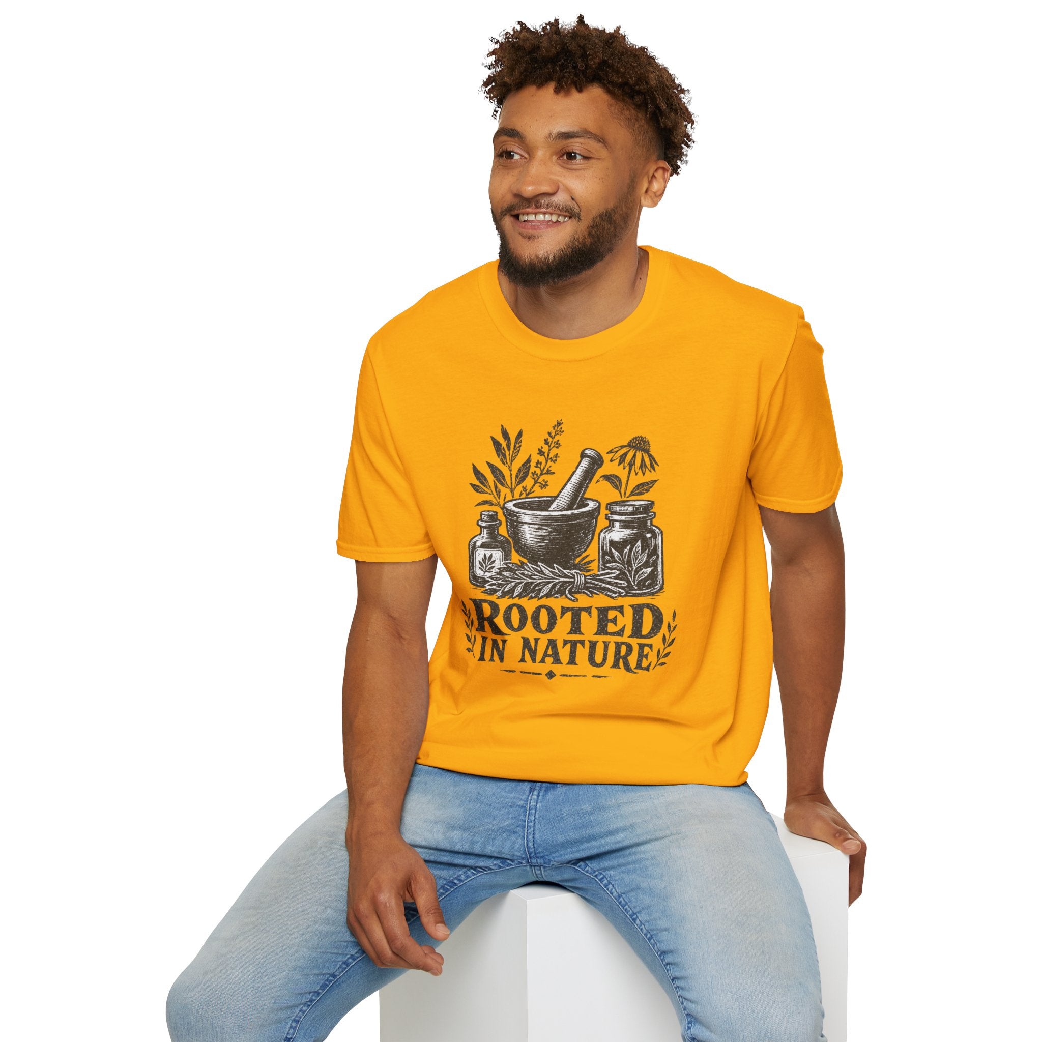 Herbalist T-Shirt — "Rooted in Nature" Botanical Mortar & Pestle Tee
