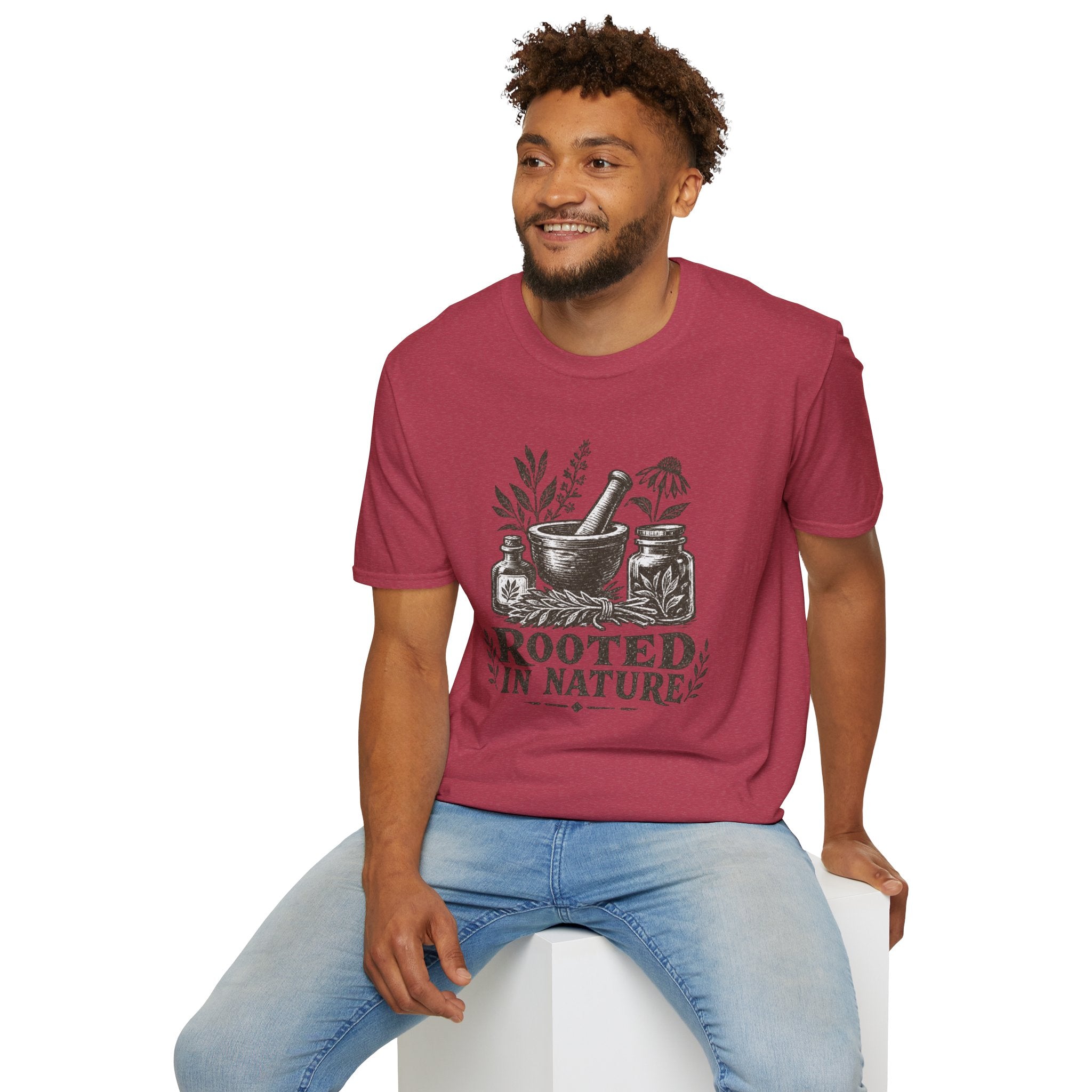Herbalist T-Shirt — "Rooted in Nature" Botanical Mortar & Pestle Tee