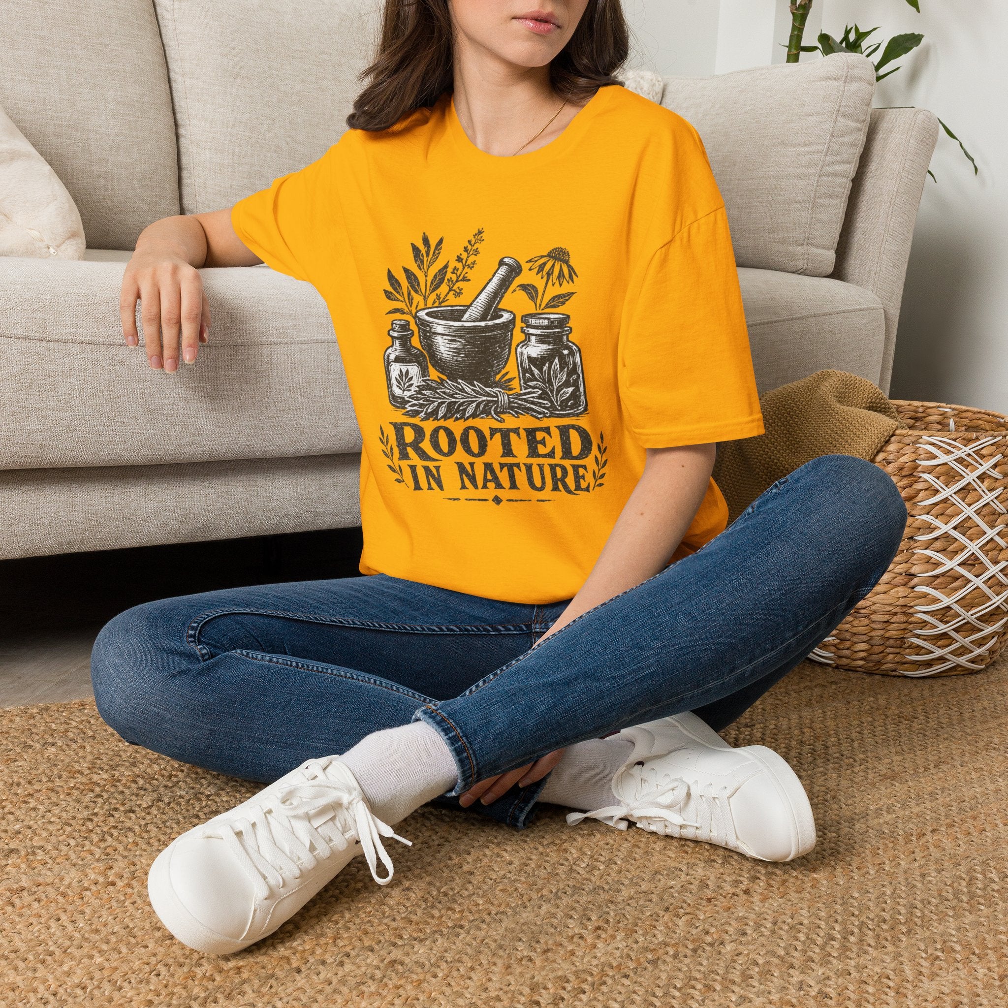 Herbalist T-Shirt — "Rooted in Nature" Botanical Mortar & Pestle Tee