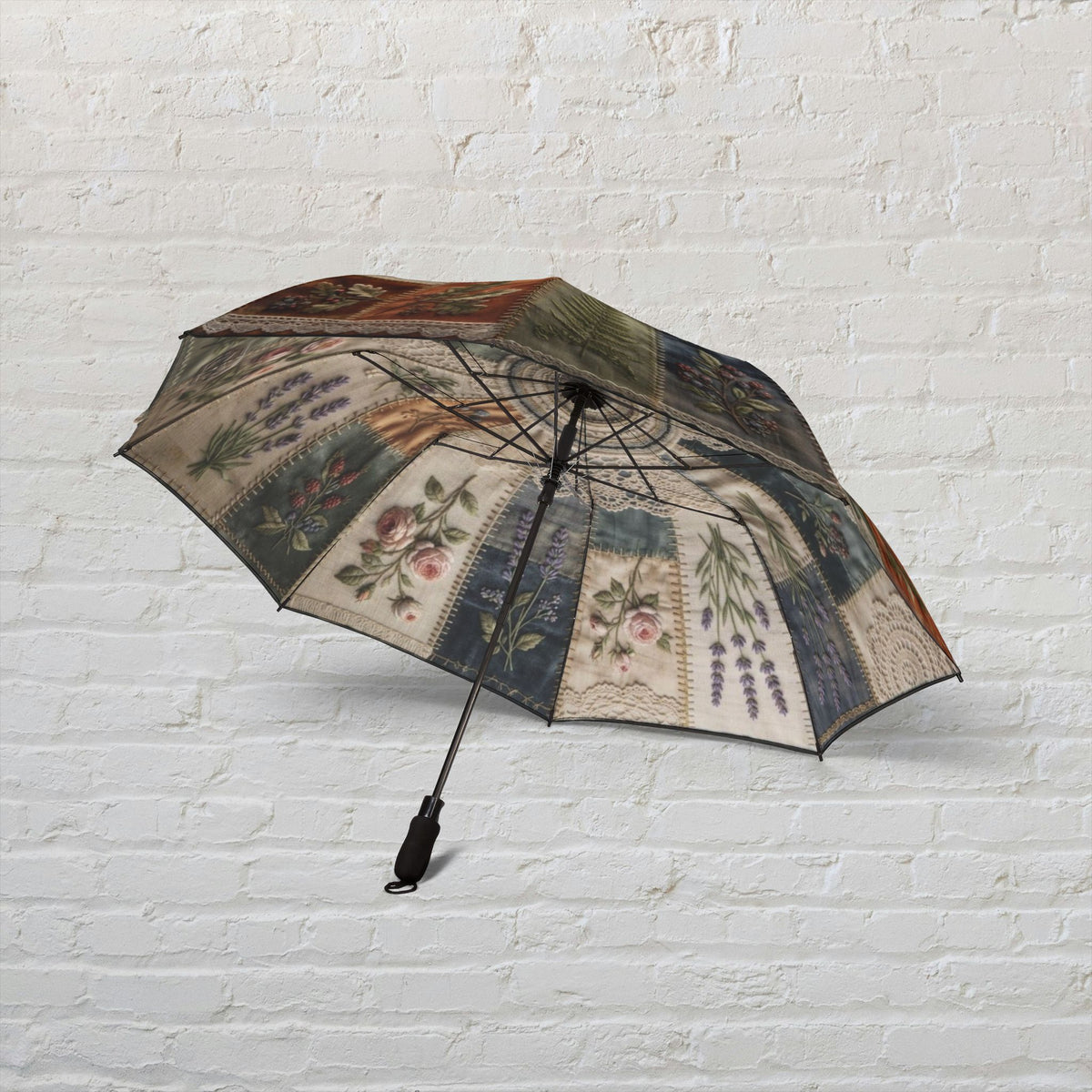 Vintage Faux-Embroidery Automatic Foldable Umbrella Waterproof Polyester Pongee Printed Design