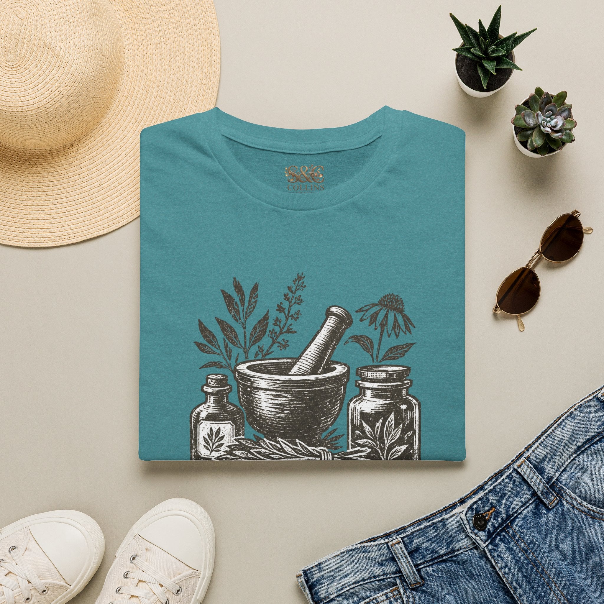 Herbalist T-Shirt — "Rooted in Nature" Botanical Mortar & Pestle Tee